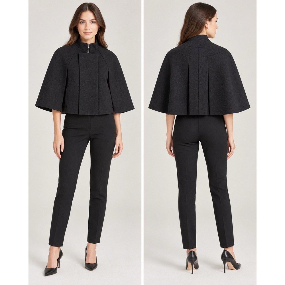 BCBGMAXAZRIA Black Wool Cape Jacket XXS Zip Snap Quiet Luxury